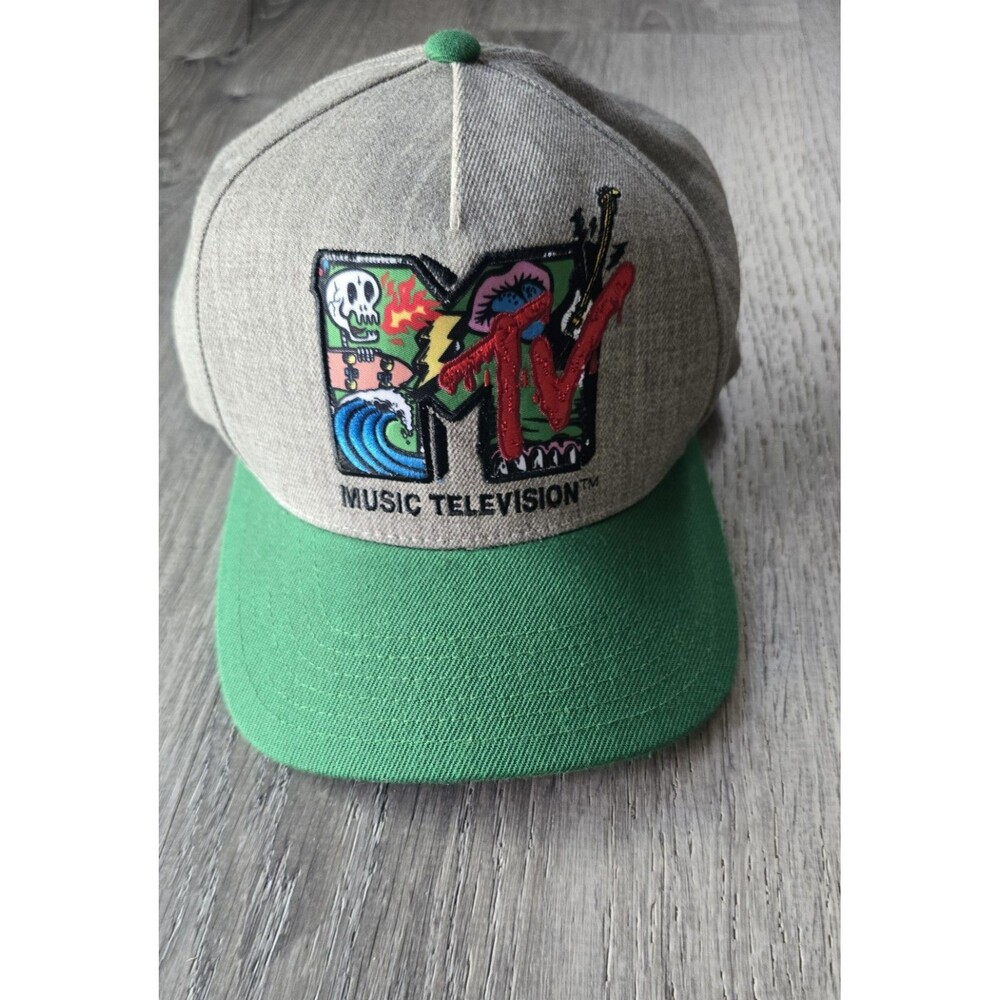 New MTV Music Television Baseball Cap Trucker Hat Pop Culture Green Gray EUC